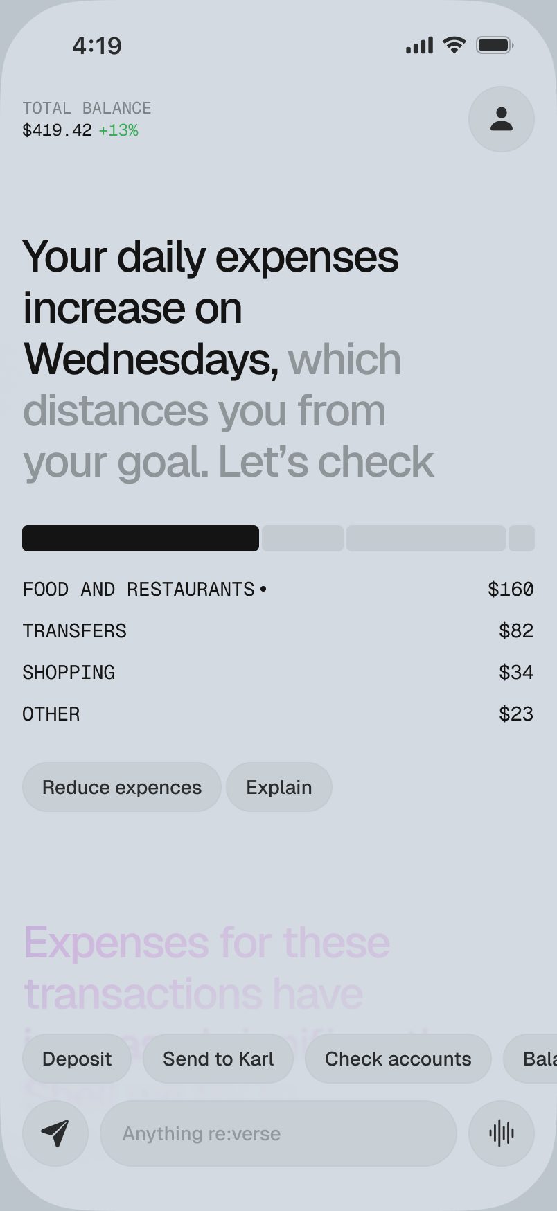re:verse app — daily expenses insight